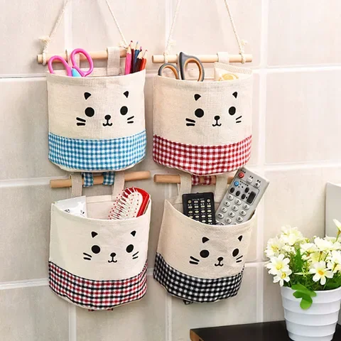 

Cat Cartoon Wall Hanging Storage Bags Organizer Pocket Wardrobe Hanging Bag For Cotton Containers Cosmetics Door Wall Closet