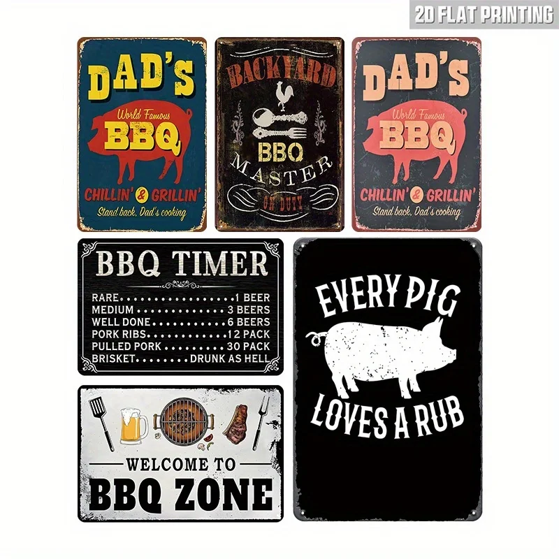 6pcs Set, Vintage BBQ Area Metal Tin Signs, Suitable for Outdoor/Indoor Decor, Multi-Functional Home, Porch, Terrace, Pool, Bar,