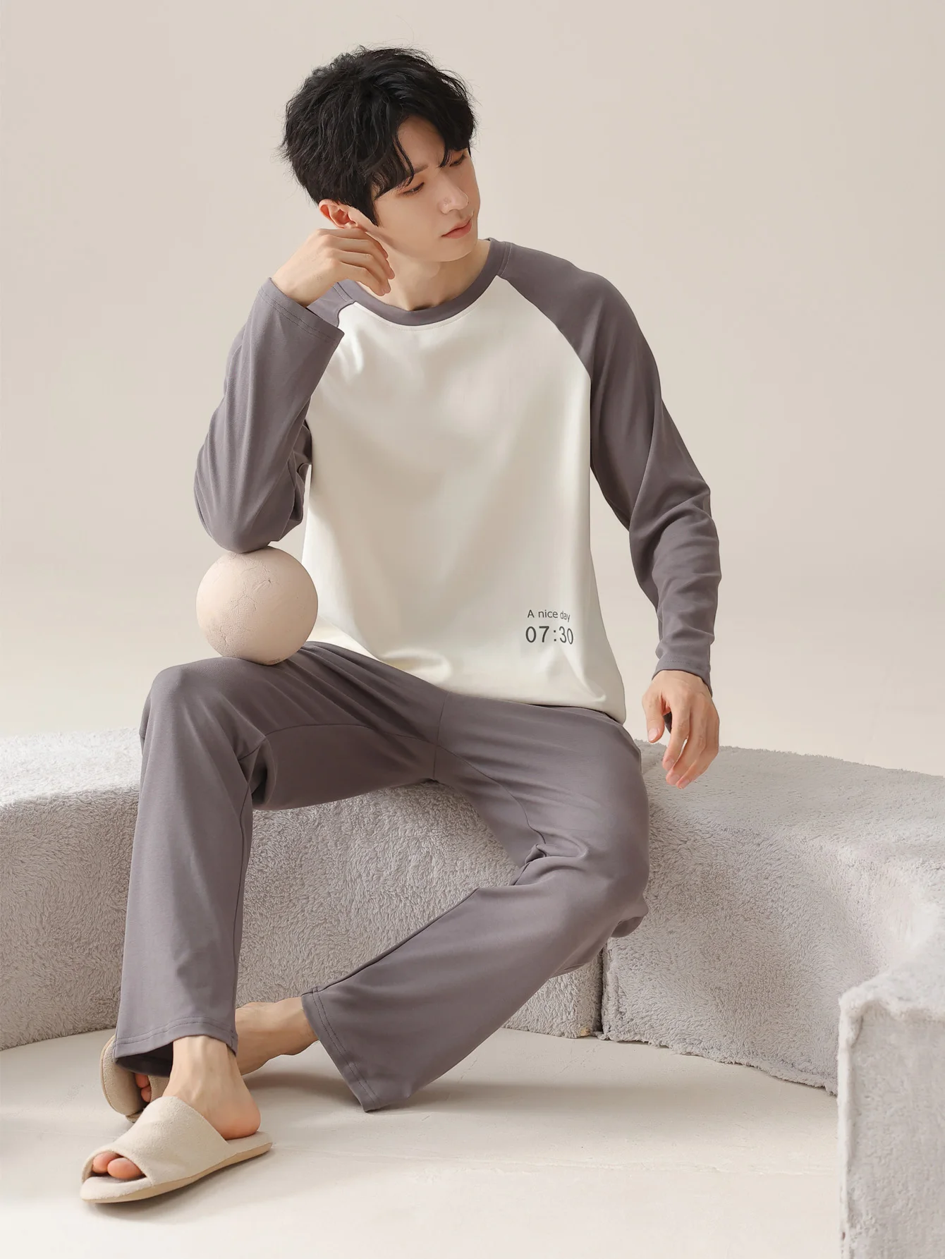 ملابس نوم رجالية 100% قطن بأكمام طويلة للفصول الأربعة مقاس كبير، طقم بدلة منزلية من القطن الخالص للمراهقين للدفء #3