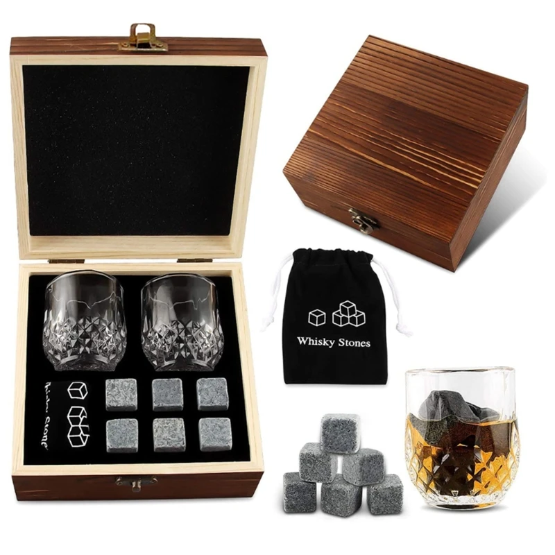 Whisky Wine Tool Set Glass Cup Flannel Storage Bag Stones M76D