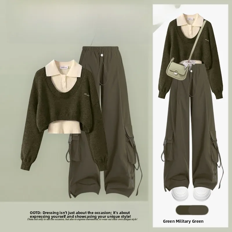 

Ele Knitted Tee-Piece Set Women's Hong Kong Sle Sweater Cover up Wide Leg Workwear Pants Slimming Effect Autumn Winter