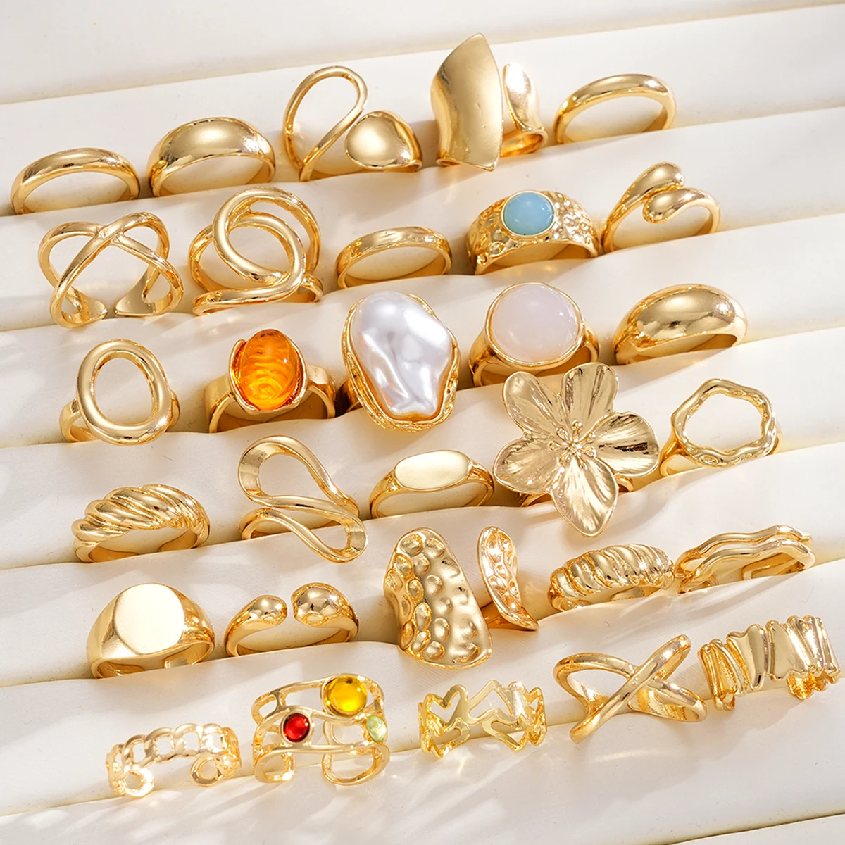 Vintage Flower Geometric Ring Set For Women Irregular Lava Texture Baroque Pearl Gemstone Finger Rings Trendy Statement Jewelry
