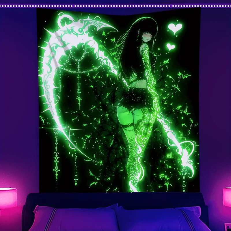VIKAMA Blacklight Anime Girl Tapestry Neon Green Gothic Scythe Dark Manga Wall Hanging UV Otaku Kawaii Room Art Decor
