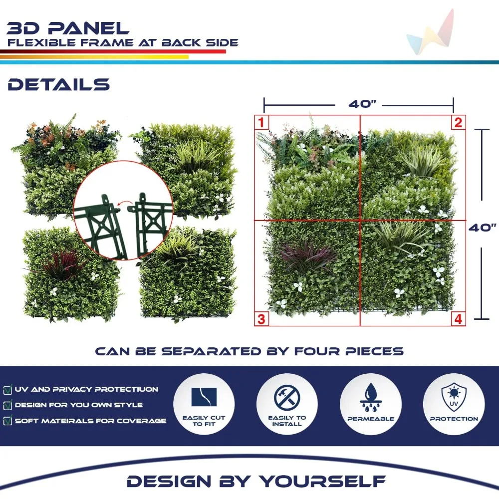 

4 Pack 40 Inch Artificial Boxwood Hedge Panels - Green Faux Plant Wall Decor for Outdoor and Indoor Gardens and Backyards (Style