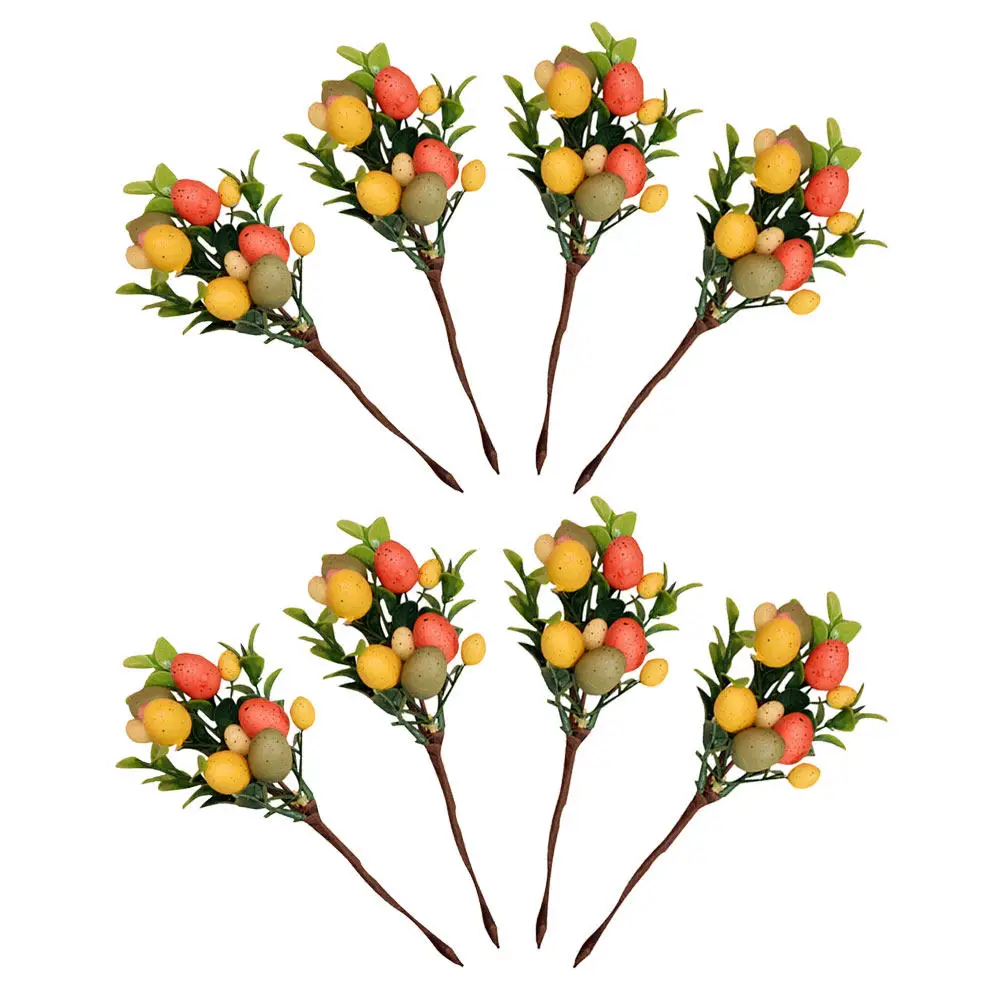 

8 шт. реалистичных искусственных пасхальных яиц с яркими зелеными листьями на стеблях для декора дома и гостиной, весеннее украшение для пасхальной вазы