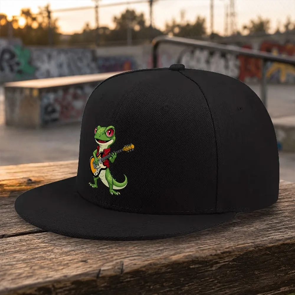 Green Lizard Guitar Print Baseball Cap Adjustable Flat Brim Unisex Hat for Outdoor Daily Wear