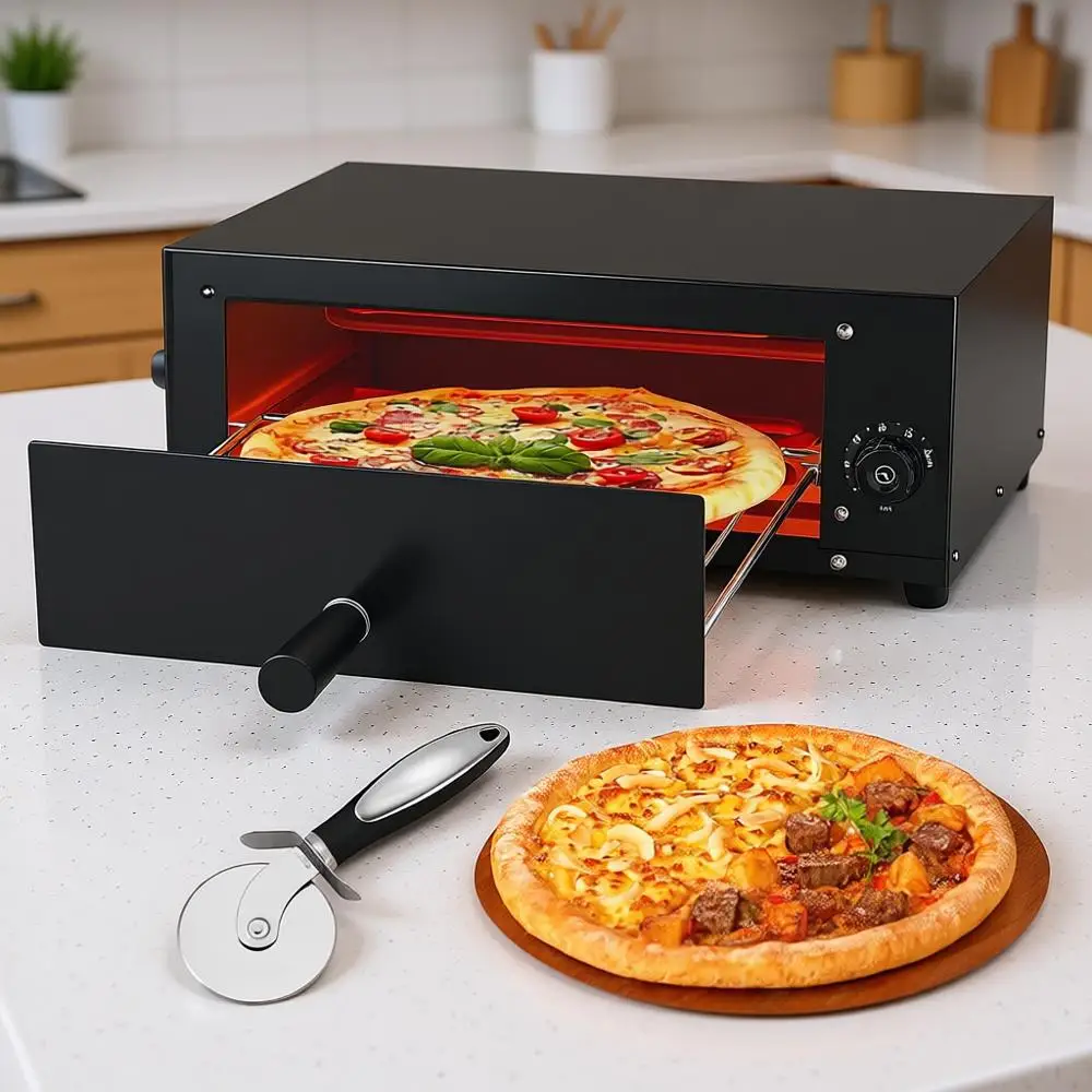 12 Zoll Tisch-Pizzaofen für Innenräume Edelstahl Profi-Pizzakocher Bäcker für Arbeitsplatte mit Timer & Krümelschublade