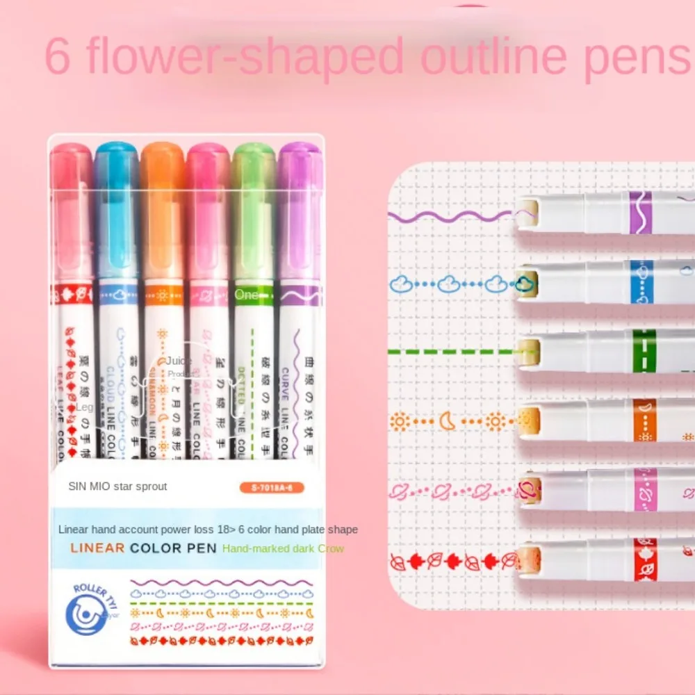 6Pcs/Set Heart Line Shaped Highlighter Sweet Flower Kawaii Drawing Diary Marker Pen Tool Star Shaped