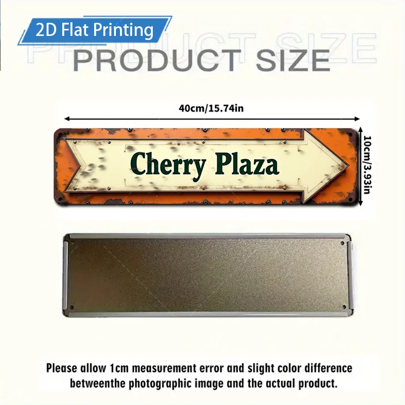 [2D FLAT] علامة معدنية قطعة واحدة، علامة سهم ريفية مقاس 4 × 16 بوصة "Cherry Plaza" فن معدني بطباعة مسطحة ثنائية الأبعاد