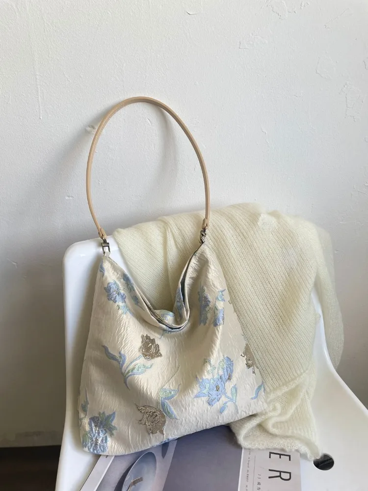 Nuevo temperamento albaricoque flor azul bolso de hombro individual bolso cuadrado femenino con bolso de lona fresco cremallera todo-fósforo