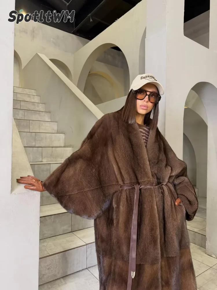 Women Brown Faux Fur Long Coat Belted Open Front Fluffy Warm Plus Size Cardigan 2026 Fall Winter Casual Retro Chic Lady Overcoat - view 3