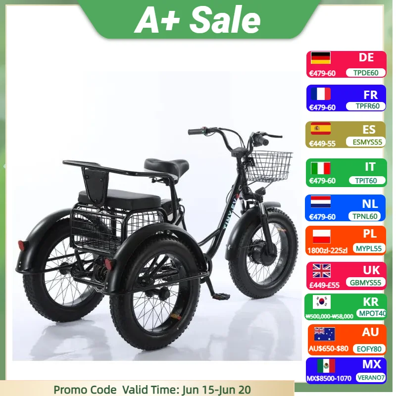 20 Polegada bicicleta elétrica gorda triciclo elétrico de 3 rodas com assento do passageiro para adulto 48v 500w poderosa bateria de lítio removível