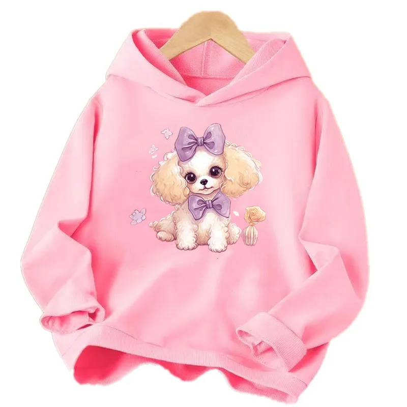 Dünner Kapuzenpullover für Mädchen, süßer Cartoon-Druck mit einem Pudel-Welpen-Motiv, lässiges Sweatshirt mit Kapuze, Oberteil für Frühling und Herbst.