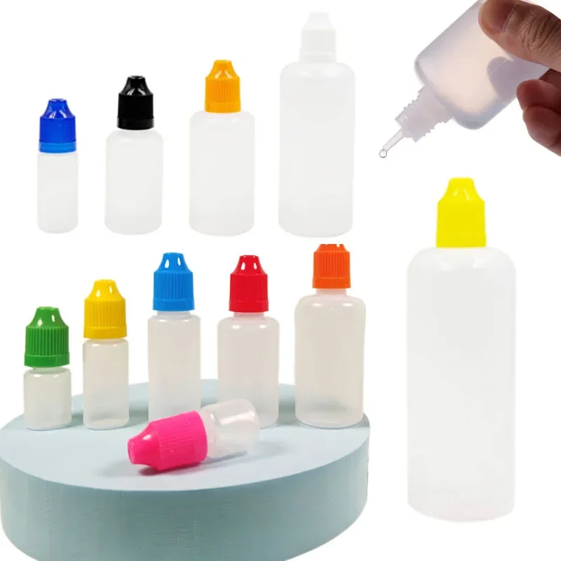 100 Stuks 3 ml-120 ml LDPE Lege Samendrukbare E Vloeibare Druppelflesjes Eye Vape Oliën Lange Tips container Met Kleur Caps Met Trechters