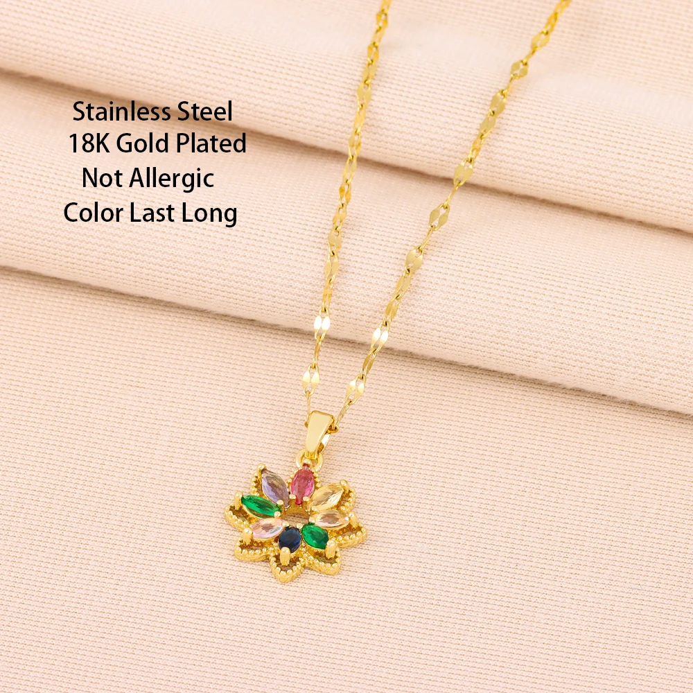 New In Fashion 7 Colors Zircon Crystal Flower Pendant Necklaces For Women Trendy Female Stainless Steel Chain Ladies Accessories