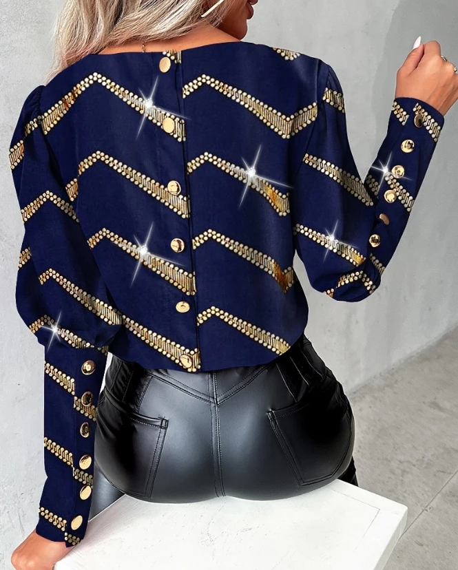 Vintage Ladies Knitwear Colorblock Glitter Pattern Buttoned 2023 Autumn Winter Long Sleeve O-Neck Blouse for Women