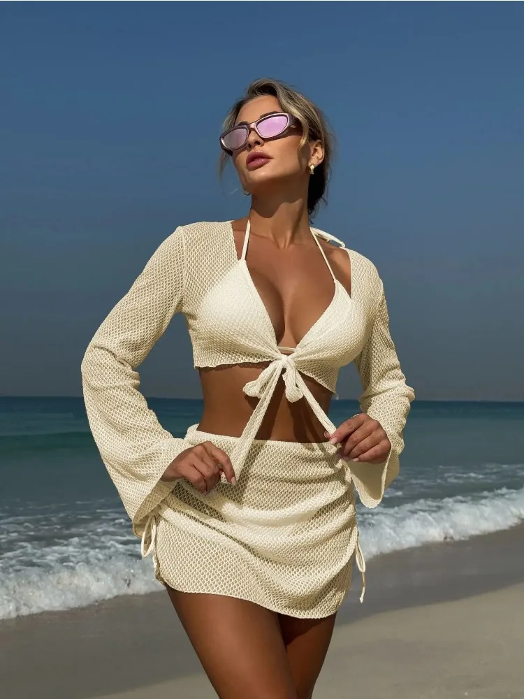 Set bikini da donna 4 pezzi 2025 sexy bianco manica lunga cover up gonna costume da bagno spiaggia piscina 2025 nuovo traje de baño de mujer tankini