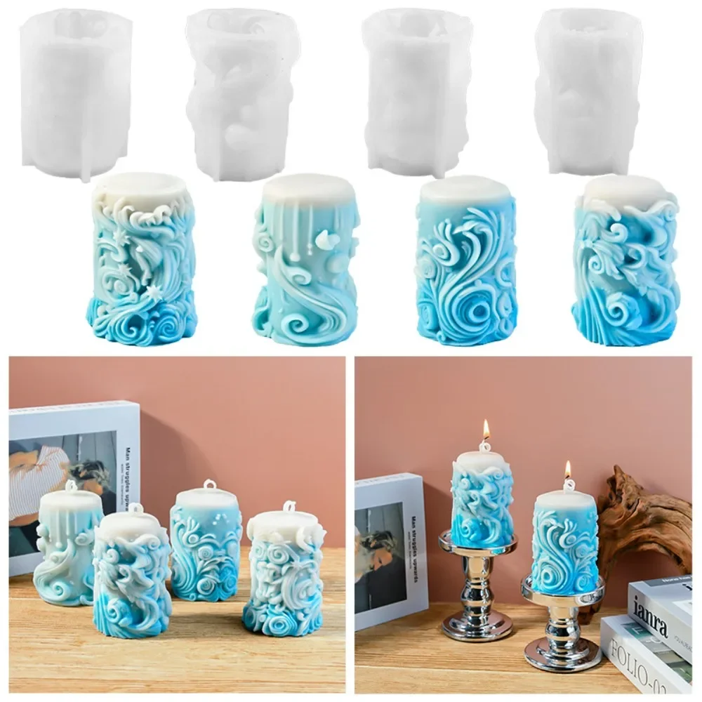 Relief Vortex Cylinder Candle Silicone Molds Sea Waves Pillar Gypsum Moulds Star Geometry Resin Making Tools Home Artist Decor