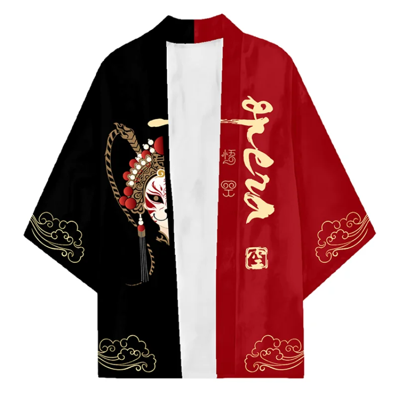 Japanse Kimono Vest Jas Voor Mannen, Aziatische Traditionele Klederdracht, Peking Opera Thema, Rode En Zwarte Mantel, Bedrukte Haori Kleding