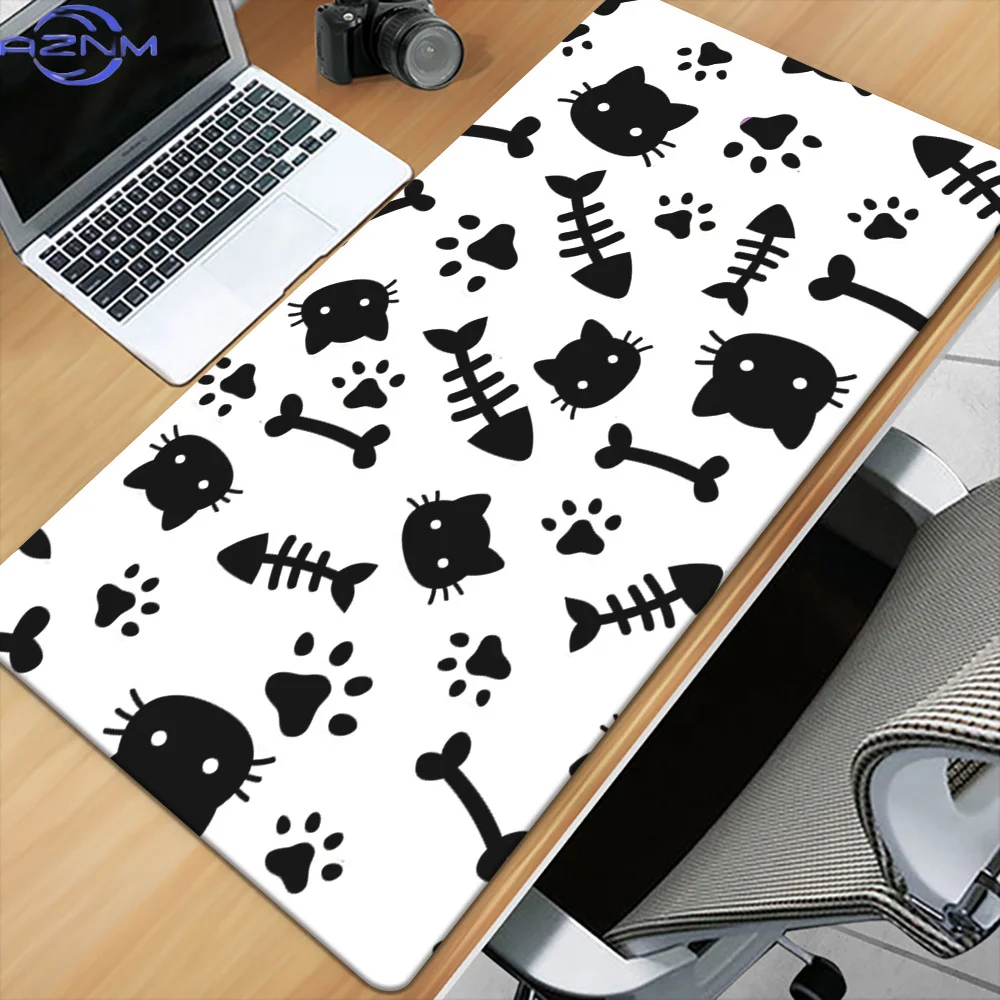 1pc, Cartoon Cute Cat, Black Fish Bone HD Printed Pad for Desk, Multi Functional XXL Mousepad, Keyboard Gaming Mouse Mats, Offic