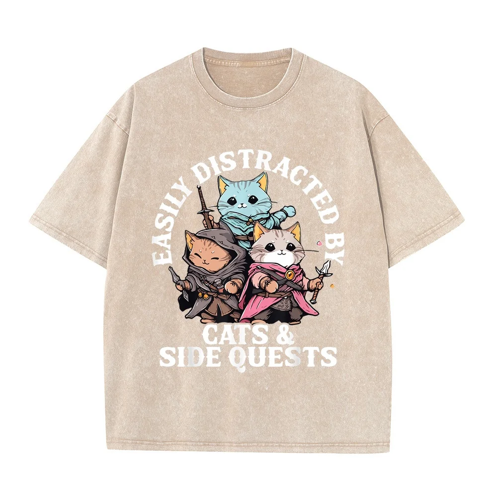 Cats Side Quest Distracted Tabletop Funny Men Women Kids Dad T-Shirt Camisetas Футболки Men's Cartoon 100 Cotton Graphic Tee