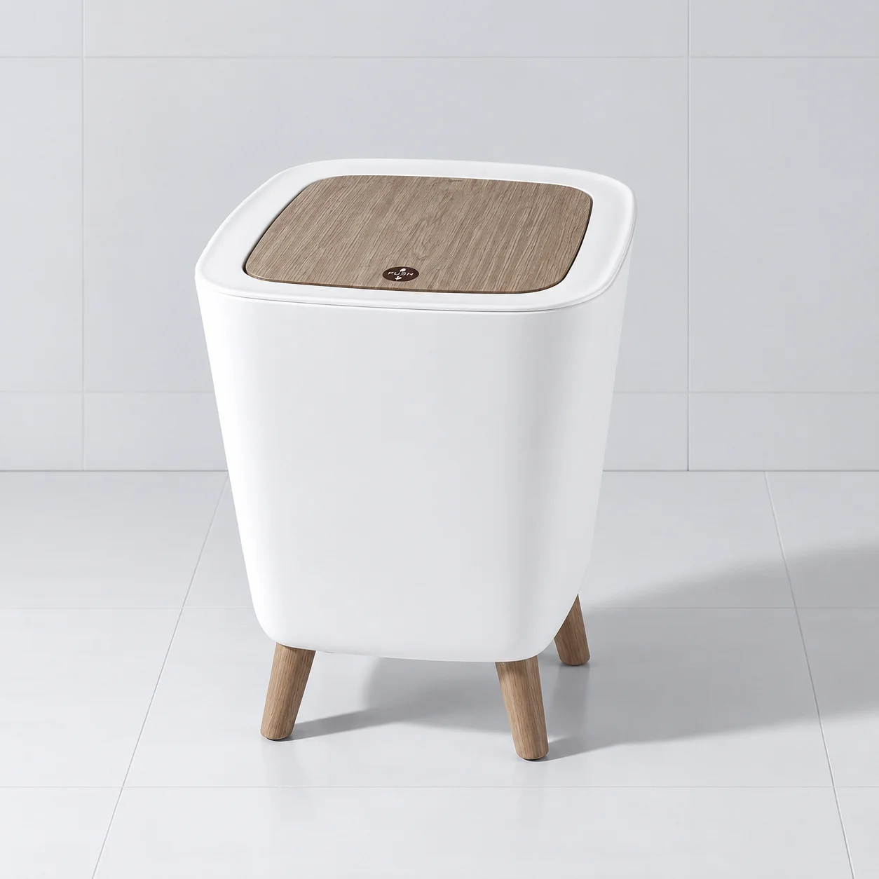Square Press‑Lid Trash Can with Plastic Wood‑Look Legs, Elevated Lidded Garbage Bin, Nordic Style Odor‑Proof Waste Basket for Bathroom Kitchen Bedroom Apartment
