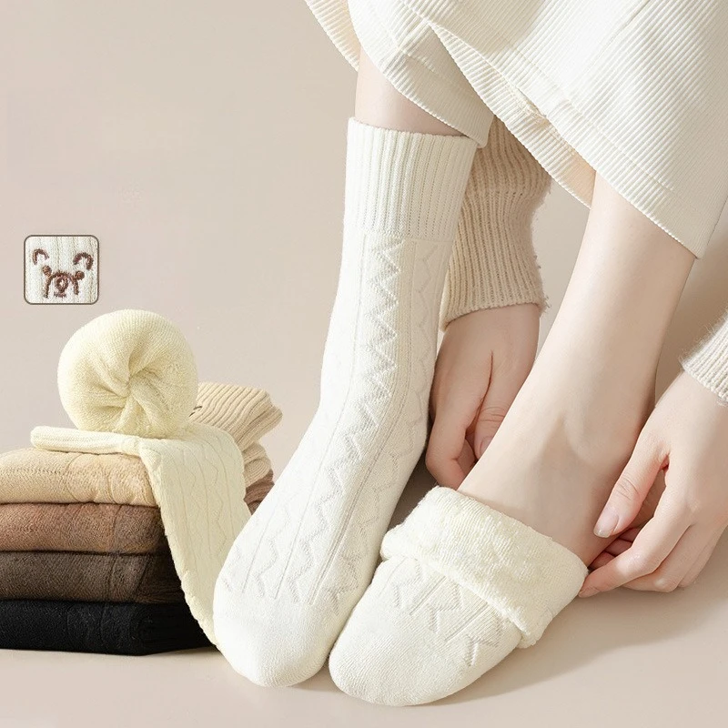 

5 Pairs Women's Mid-Calf Thermal Socks Fall Winter Fleece-Lined Thickened Warm Long Knit School Socks for Girls Cozy Socks High