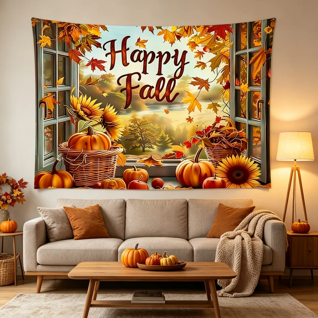 1PC Thanksgiving Fall Happy Fall Sunflower Maple Pumpkin Print Backdrop Banner, Bedroom Photo Background, Polyester, Home Decor