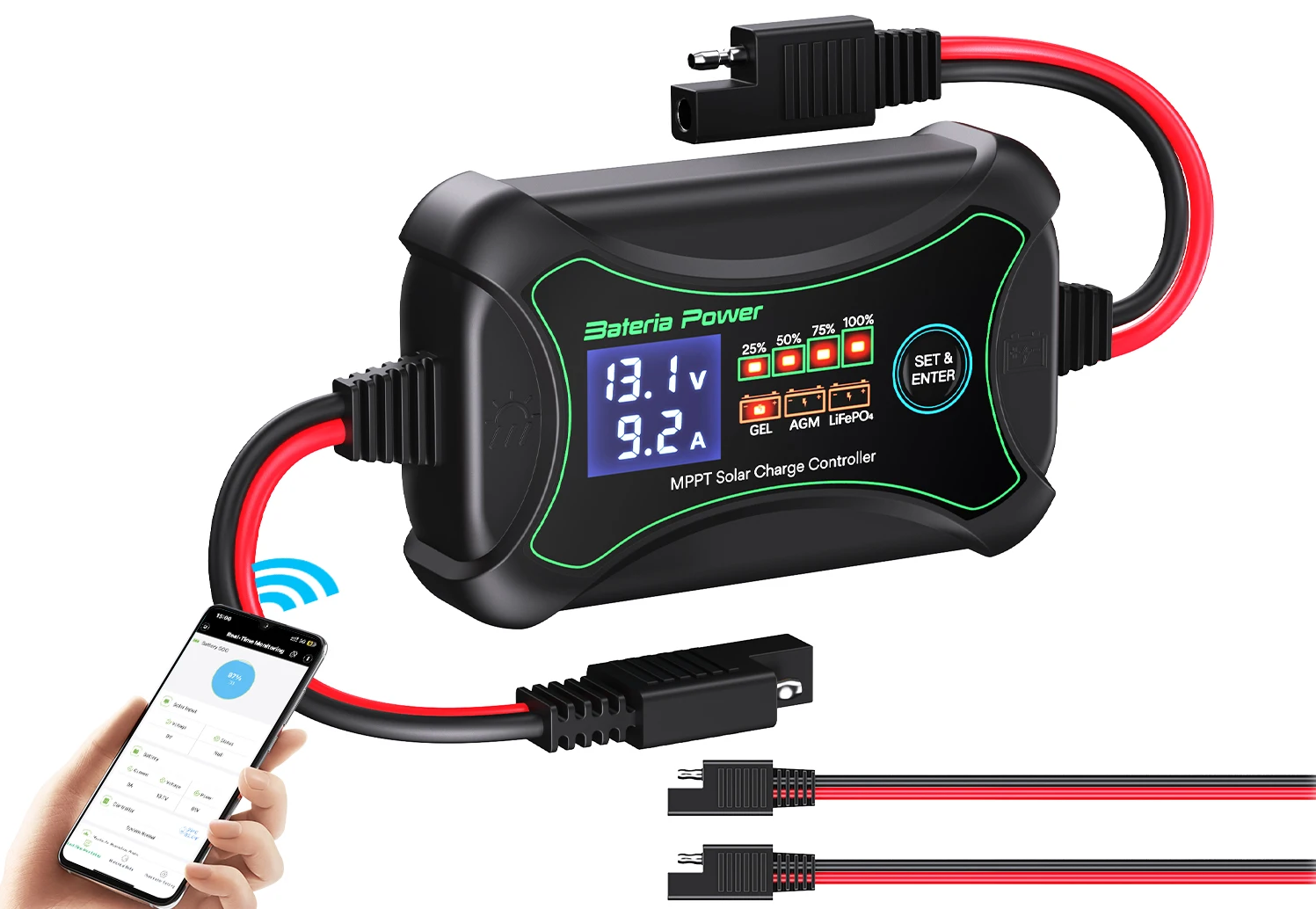 Imagem -03 - Controlador de Carga Solar sem Fio Mppt 10a com bt Bateria de Energia 12 Volts Telefone App Controle Inteligente Regulador Solar com Lcd