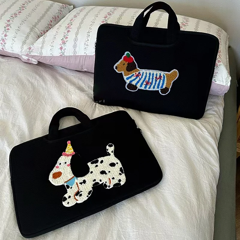 Cartoon Dog Laptop Bag Women Computer Handbag Embroidered Laptop Tablet PC Storage Pounch Female's Travel Portable Briefcase