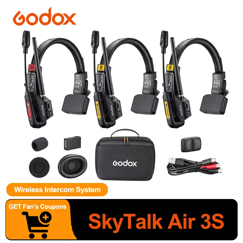 Godox SkyTalk Air 3S 2.4GHz 3-Person Full-Duplex Wireless Intercom Headset System 150Hz to 7kHz 500mm Working Range 20h Runtime