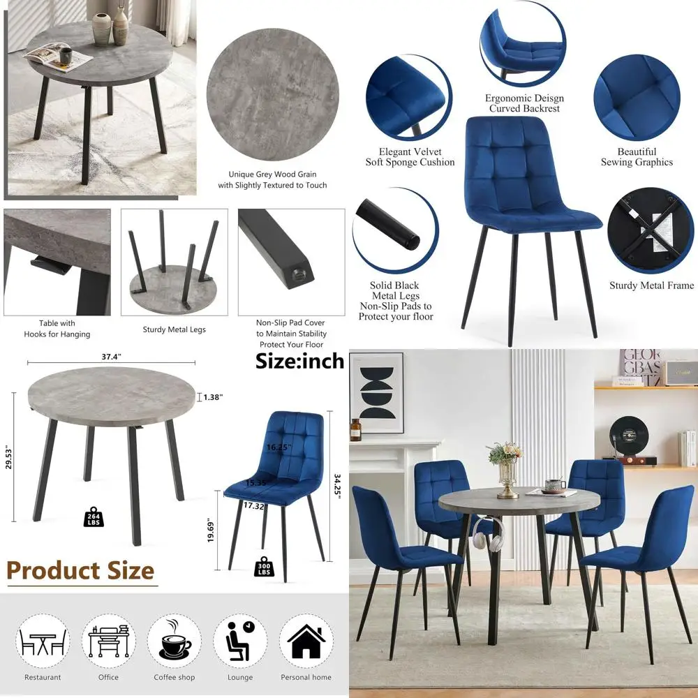 

5-Piece Round Dining Table Set or 4, Grey Engineered Wood Coee Breakast Table with Hooks, 4 Sot Velvet Kitchen Dining Chairs, Me