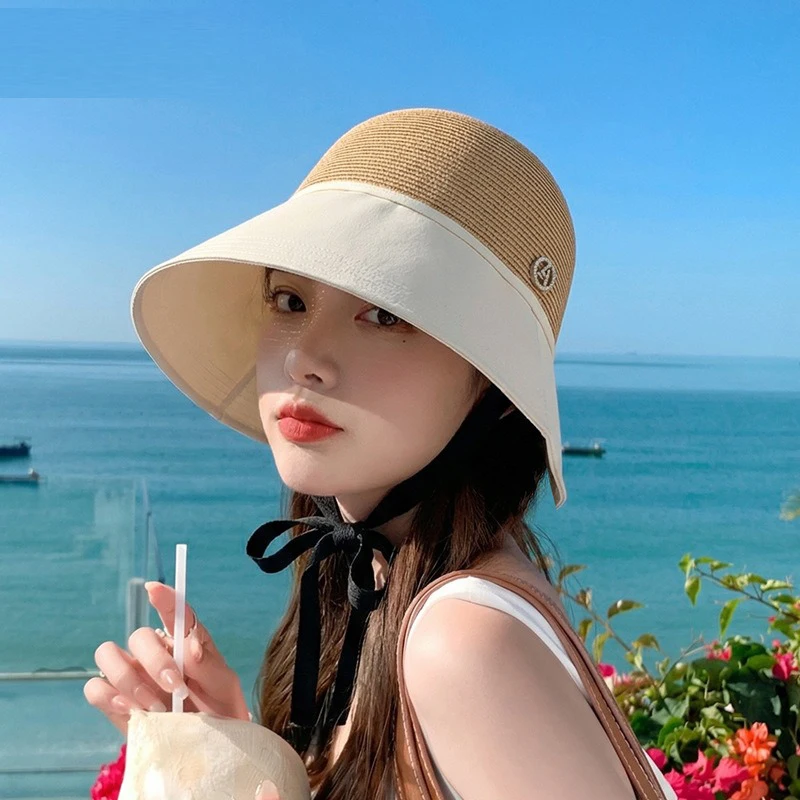 

Summer face-covering sun protection hat, wide-brimmed sunshade bucket hat, outdoor travel fashion straw boater hat