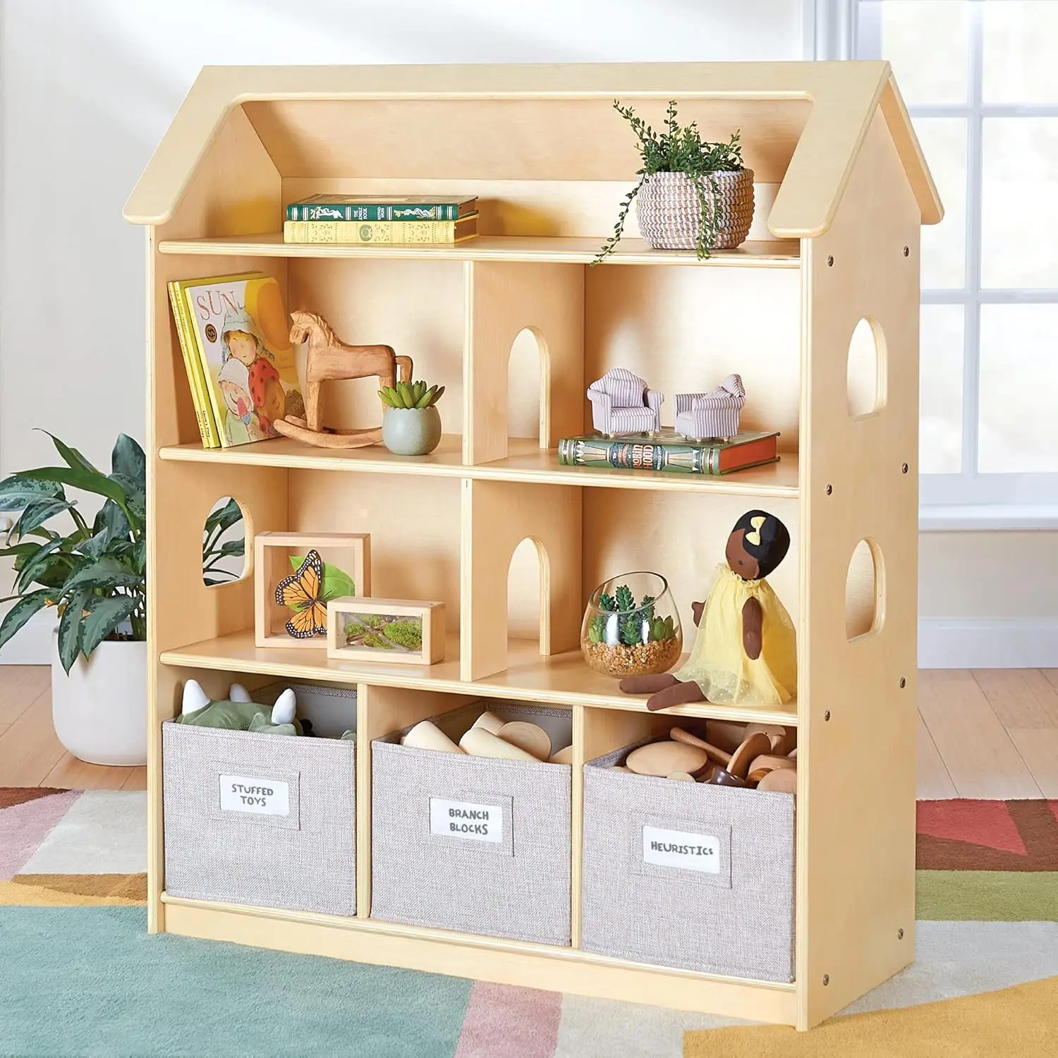 

EdQ Dollhouse Bookcase - Natural: Kids' Wooden Organizer Shelves with Removable Storage Bins for Books, Dolls, and