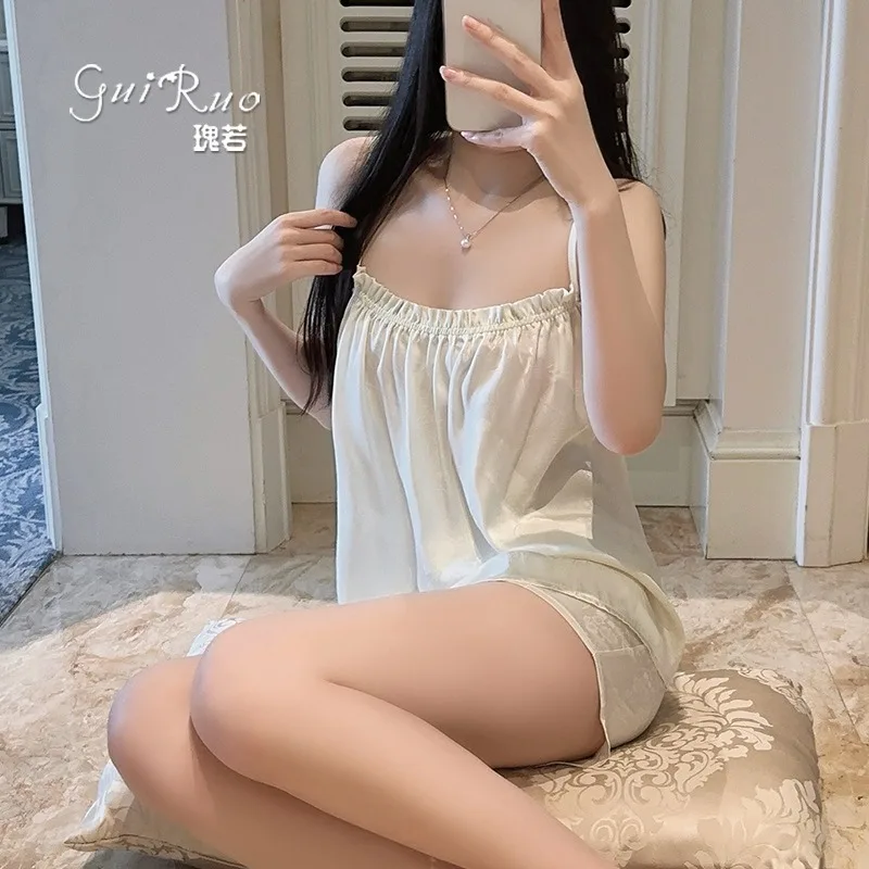 

Женский пижамный комплект с бретельками, элегантная ночная сорочка с открытой спиной, прозрачная свободная ночнушка на тонких бретелях