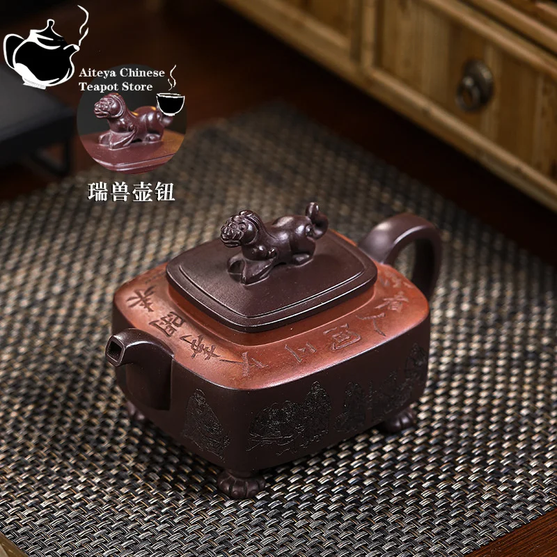 Yixing Handmade Purple Clay Pot with Hundred Eyes, Purple Eggplant Mud, Four Square Han Ding, Kung Fu Tea Set, Large Capacity