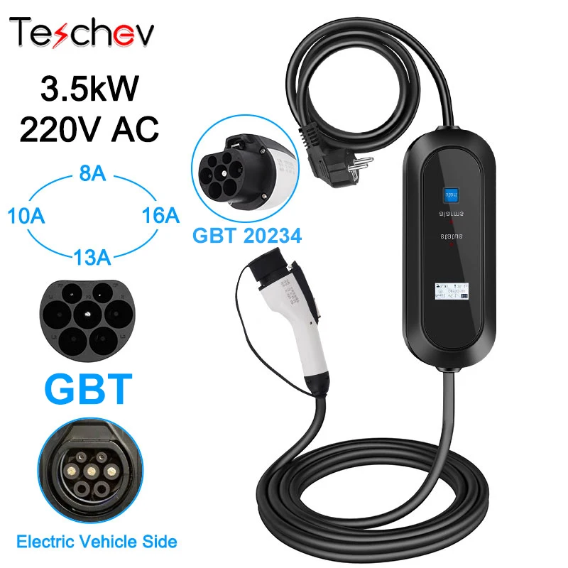 Teschev 110V 220V Portable EV Charger Electric Car Charger GBT EVSE Charging Cable Wallbox EU Plug