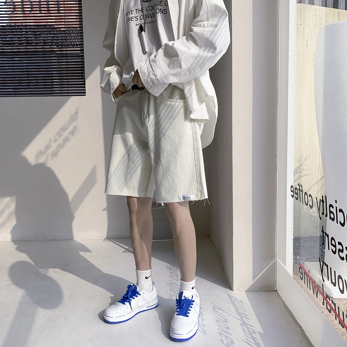 

Летние модные мужские джинсовые шорты-бриджи прямого кроя, свободные повседневные джинсы со средней посадкой, на молнии, синего цвета