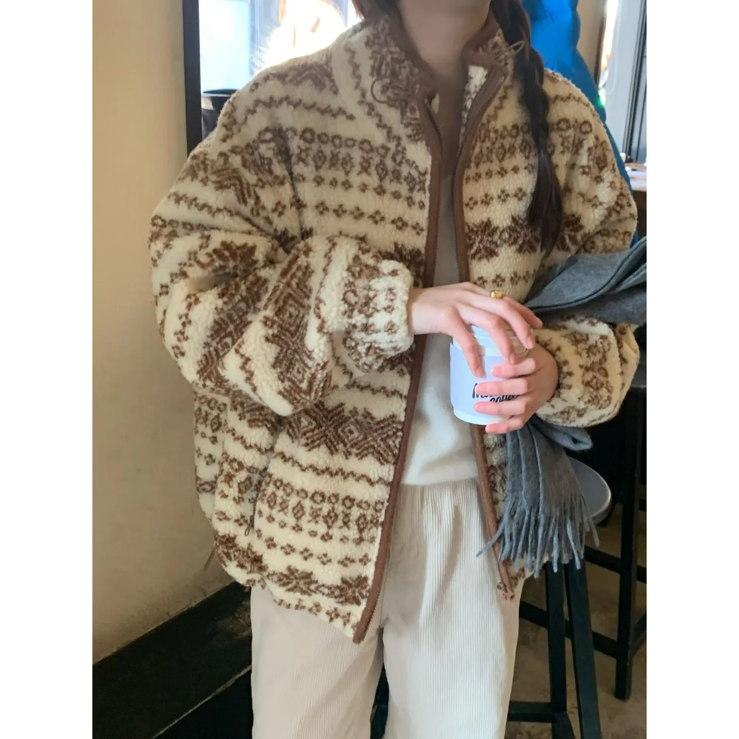 

Женский берет из меха ягненка острова, зимний дизайн, теплый свободный открытый кардиган на молнии, корейский топ, стандартный крой, весна-осень-зима