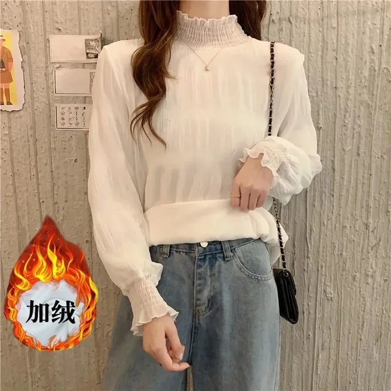 

Mock Neck Warm Lace T-shirts Winter Velvet Long Sleeve Tops Thicken Slim Women's Bottomed Tees Korean New T Shirt Female