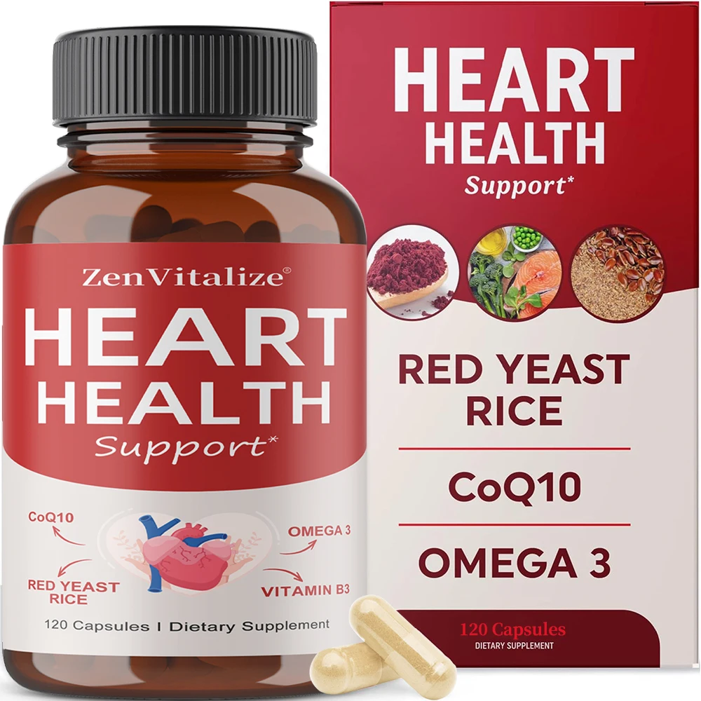مكمل دعم صحة القلب - CoQ10، أوميغا 3، أرز الخميرة الحمراء، فيتامين ب3، يعزز مستويات الكولسترول الصحية - غير المواد الغذائية