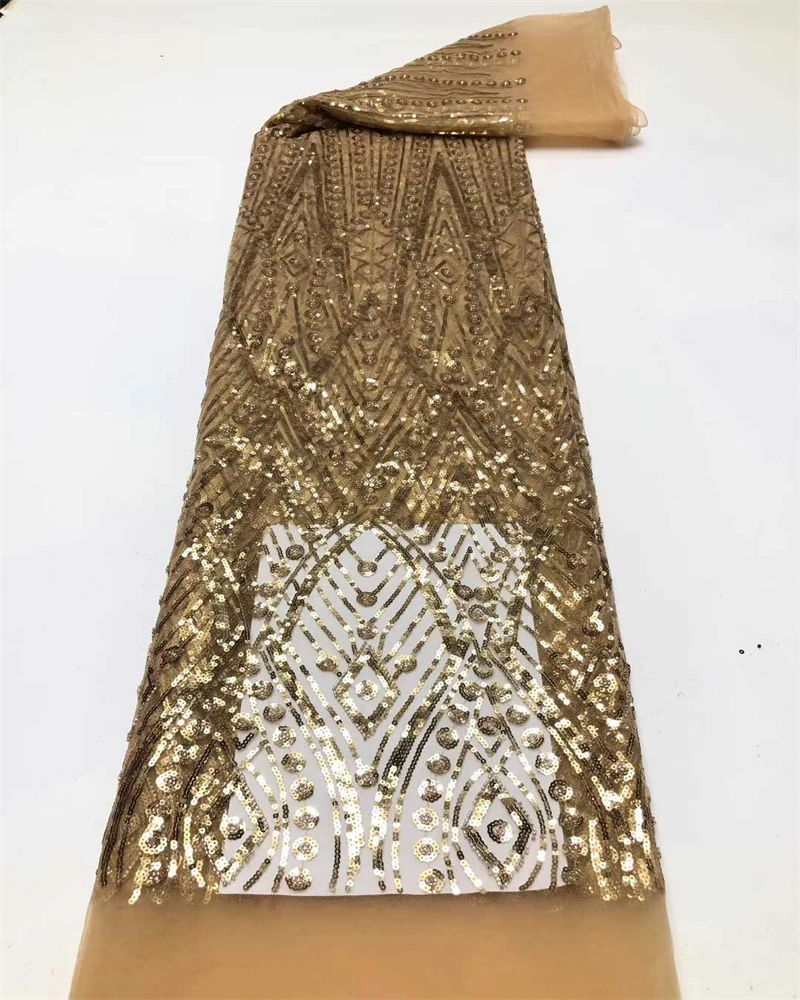 

African Handmade Sequins Tulle Lace Fabric with French Luxury Beads for Bridal Wedding Party Dress Sewing Material