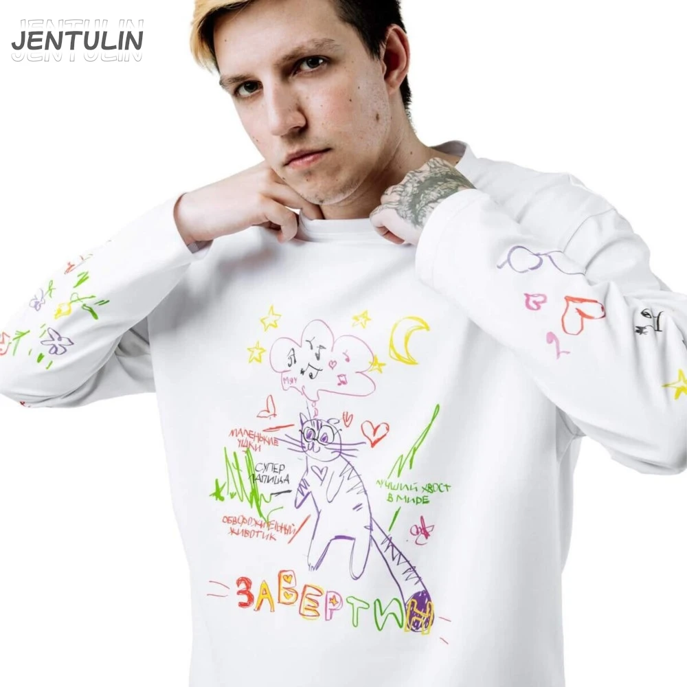 Oversized Men\'s Clothing Streetwear Cartoon Cat Print Autumn Hip Hop Korean Long Sleeve Y2k Top Tee Cotton Graphic Unisex Tshirt