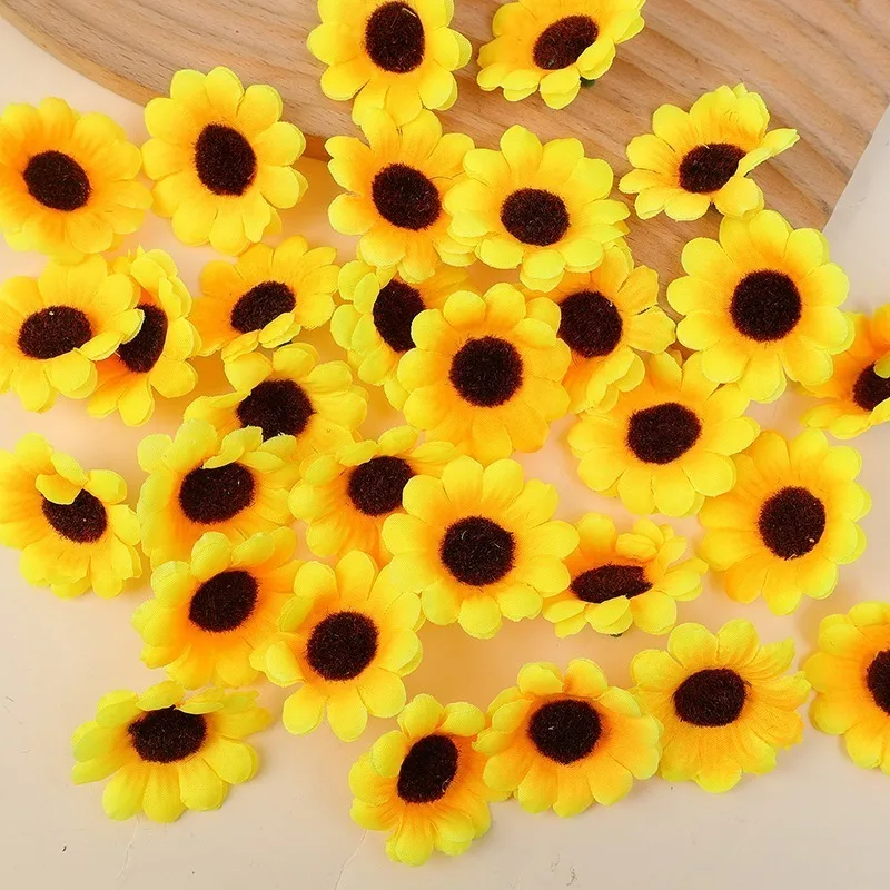 30/150Pcs Silk Sunflower Head Mini Artificial Flower DIY Wreath Scrapbooking Gift Box Decoration Yellow  Artificial Daisy Head