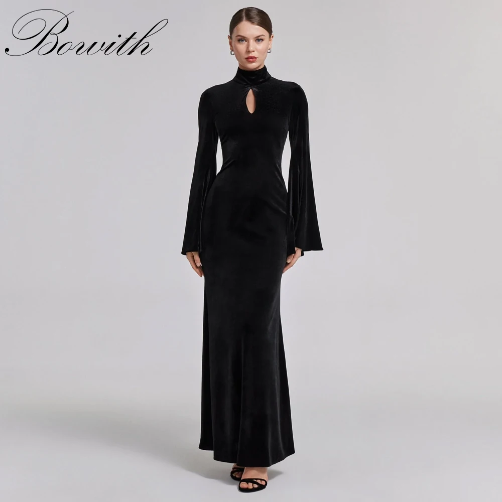 

Bowith Black Modest Evening Dresses High Collar Hollow Out Flare Full Sleeves Long Prom Gown Party Dresses vestidos de fiesta
