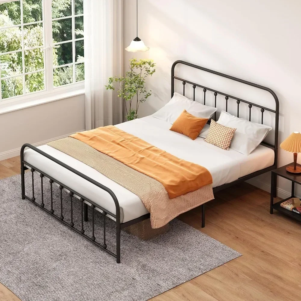 

Classic Metal Platform Bed Frame, No Box Spring, Steel Plate Support, with Armrests and Footrests, Full Size, Black Bed