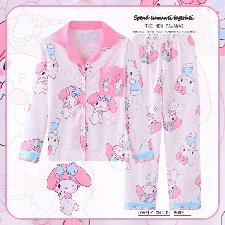 Anime Sanrios Kuromi Cinnamoroll Girls Cardigan Kids Pajamas Spring Flip Collar Long-Sleeved Cartoon Cute Printing Homewear Suit