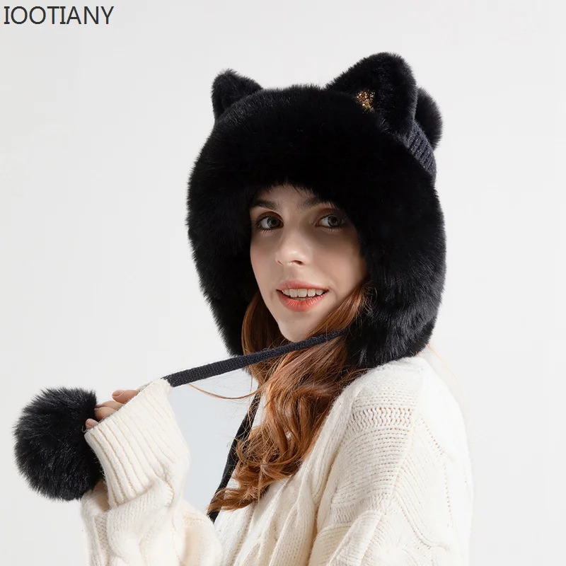 New Winter Fashionable Fur Ball Hundred Hats For Women Cartoon Cat Ear Velvet Keep Warm Knitted Beanie With Faux Fur Pompom Cap