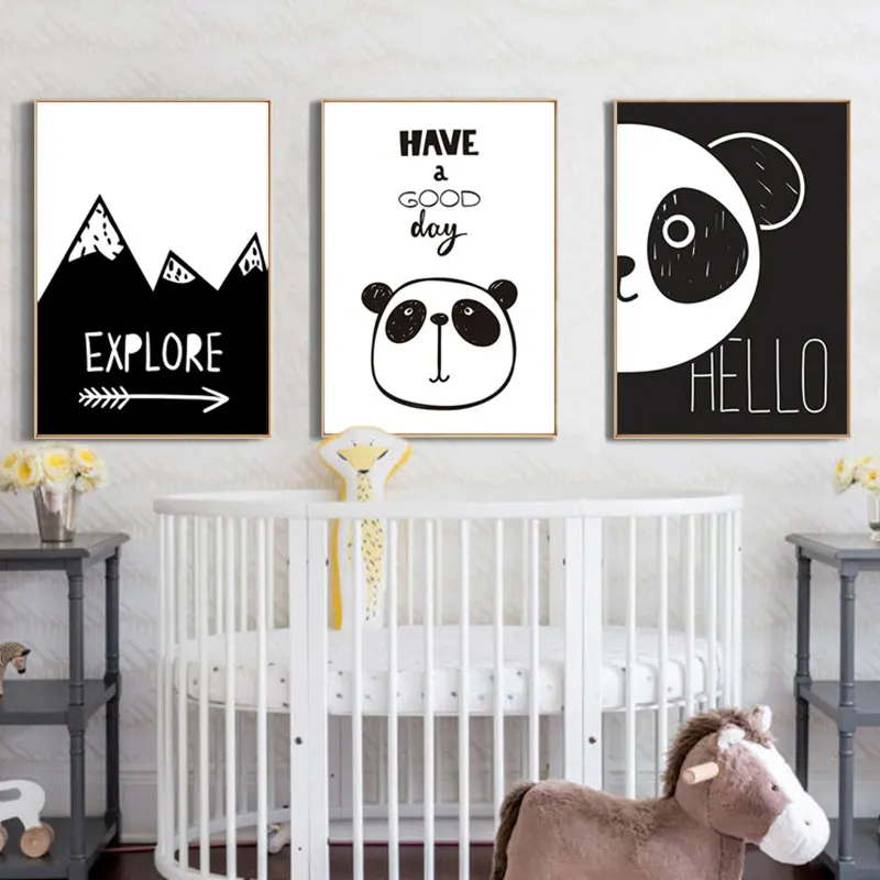 Cute Cartoon Black White Panda Canvas Art Posters Prints Modern Wall Decorative Picture for Nusery Bedroom Simple Home Decor