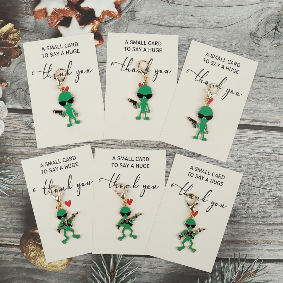 6 Cartoon Alien Keychains, with Accompanying Thank You Cards, Are Perfect as Novelty Gifts for Friends, Family, or as Bag Charms.